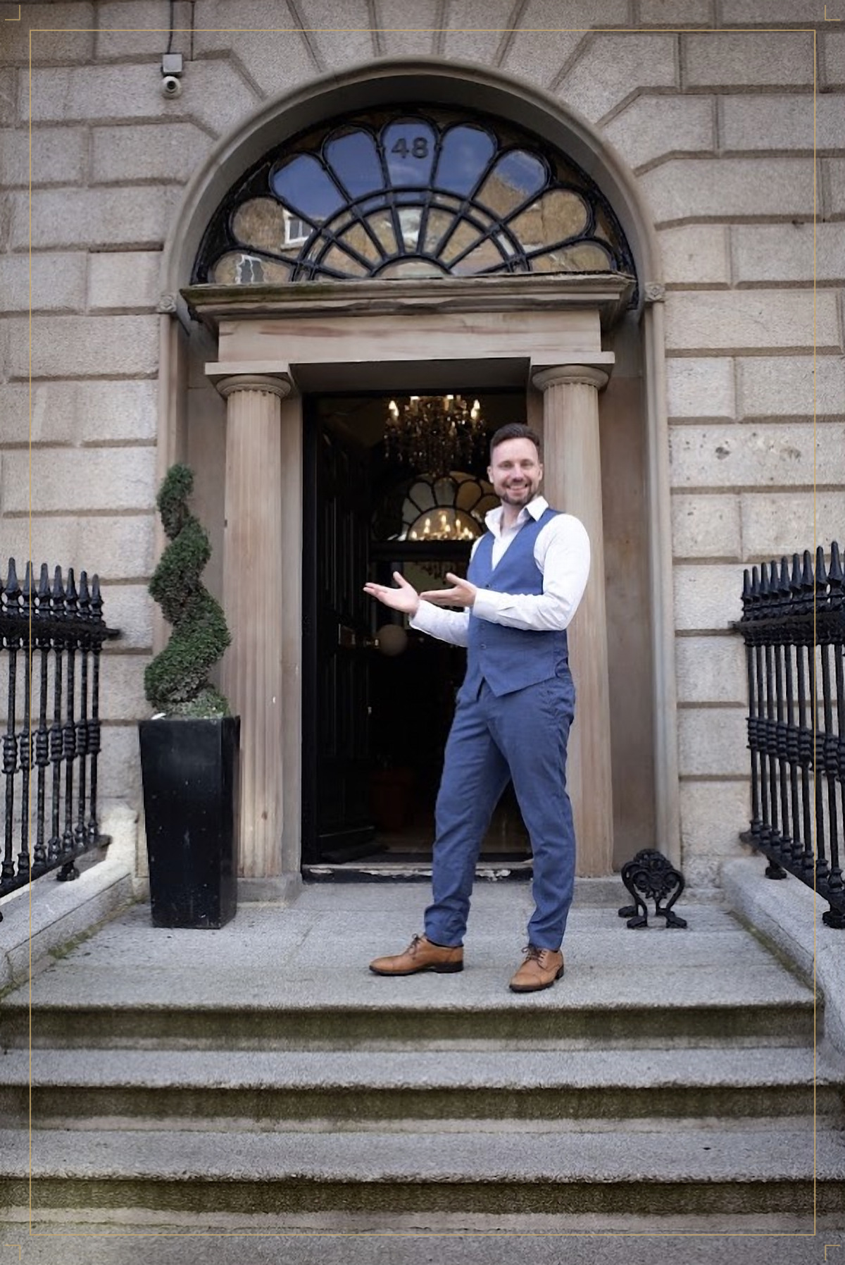 Marian Barnow welcoming guests at the Georgian entrance of 48 Mount Street Upper, Dublin