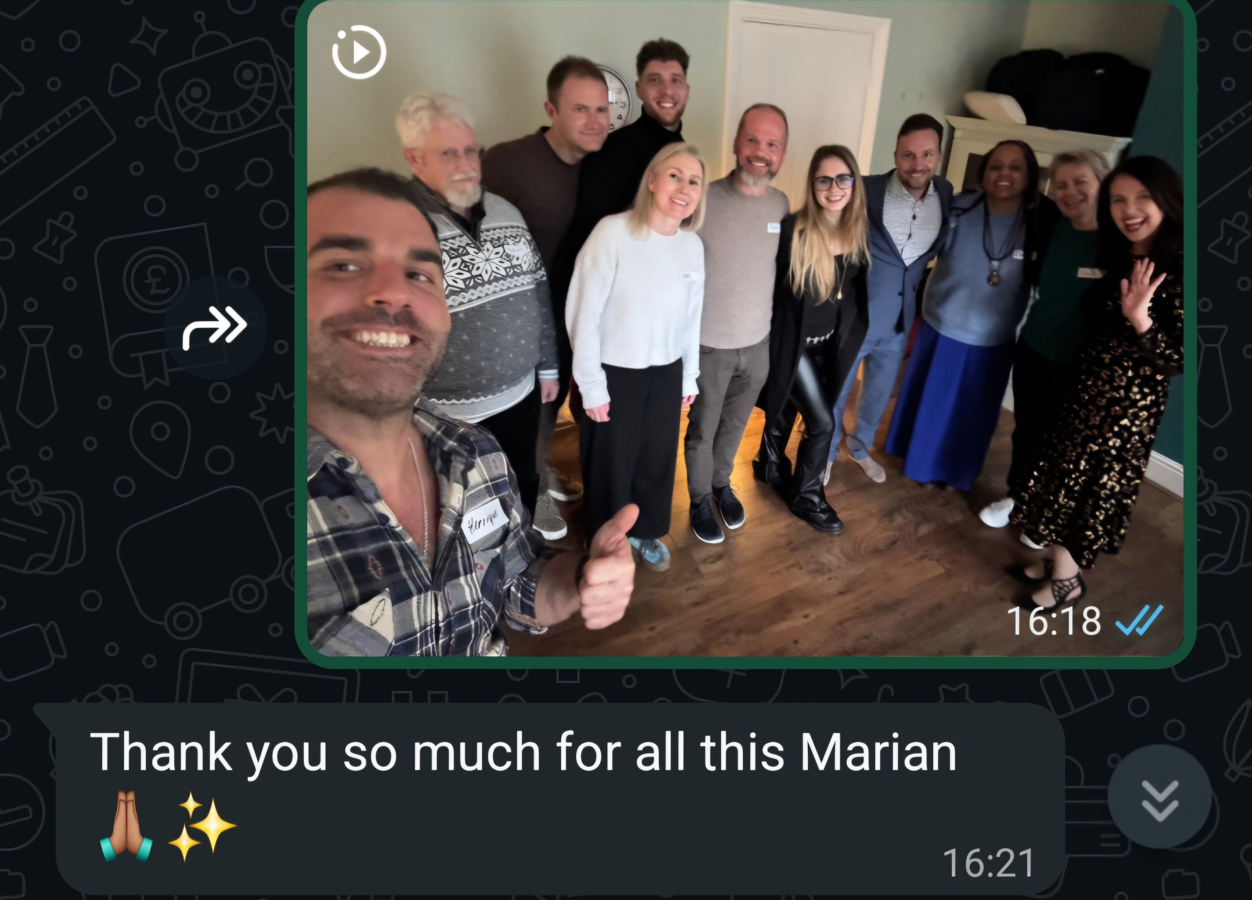 Participants of the Sacred Geometry workshop together with a message thanking Marian