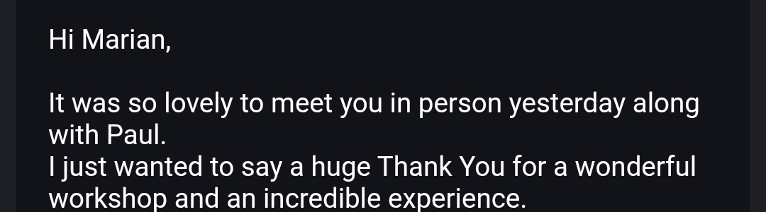 Message thanking Marian for a wonderful workshop and an incredible experience